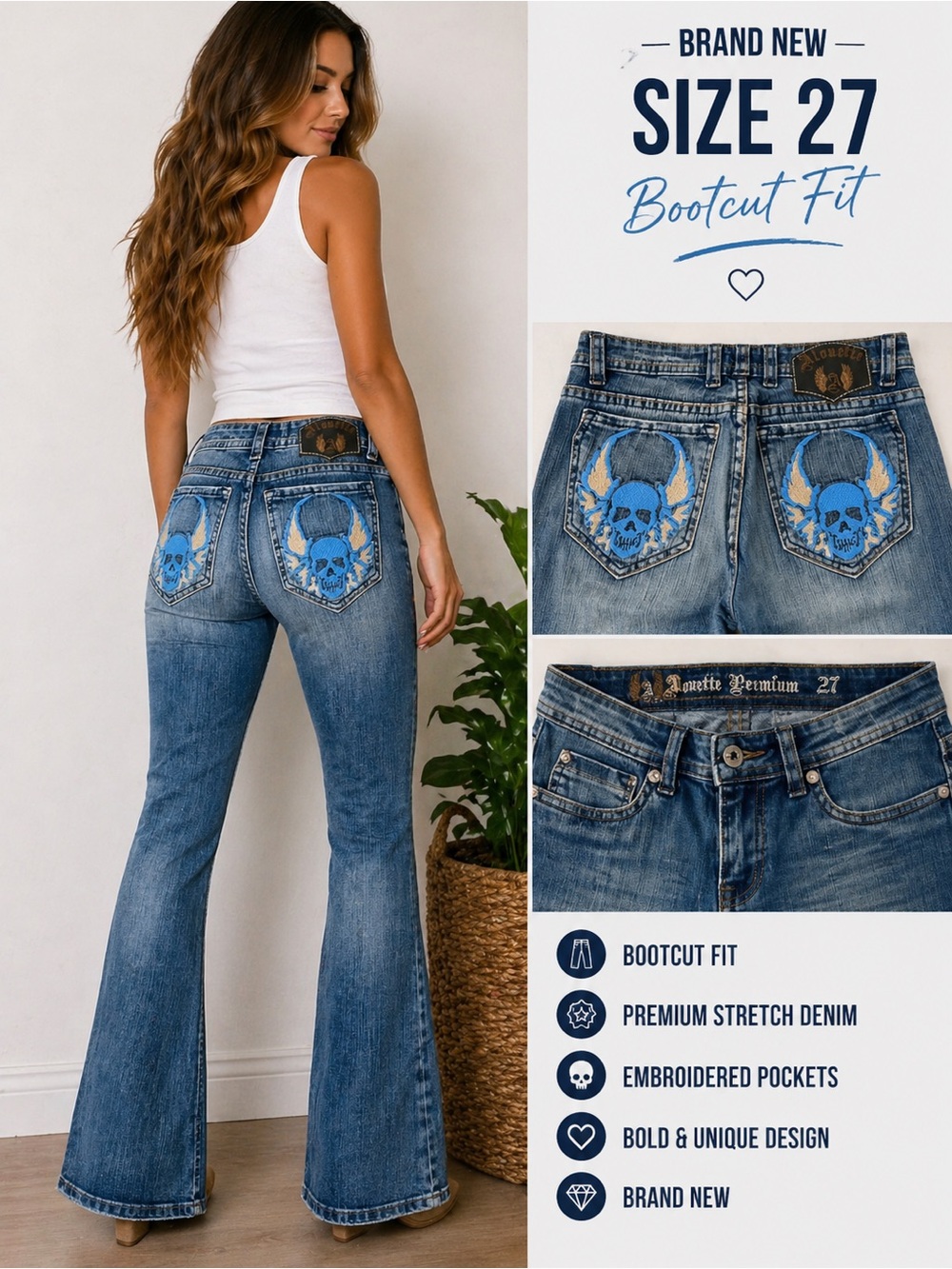 👖Alouette Premium Jeans size 27 -Blue Skull Wing Embroidered Pockets - Bootcut